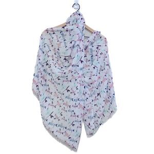 ANTHROPOLOGIE SCARF HUMMING BIRDS PRINTED SHAWL WHITE PINK BLUE.